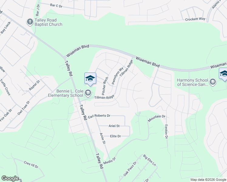 map of restaurants, bars, coffee shops, grocery stores, and more near 2334 Pennilynn Way in San Antonio