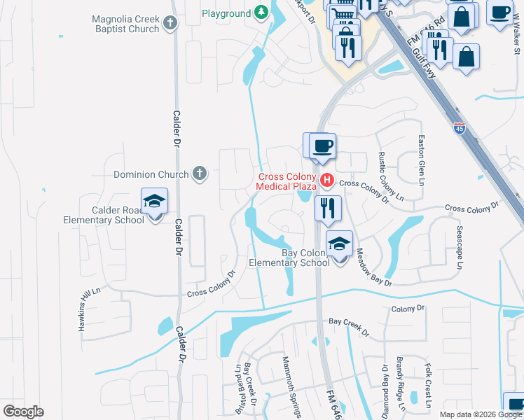 map of restaurants, bars, coffee shops, grocery stores, and more near 2873 Colony Falls Lane in Dickinson