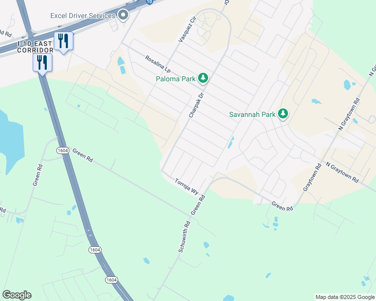 map of restaurants, bars, coffee shops, grocery stores, and more near 10641 Green Road in Converse