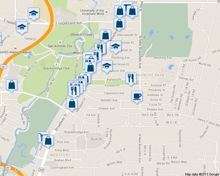 map of restaurants, bars, coffee shops, grocery stores, and more near 214 Milton Street in San Antonio