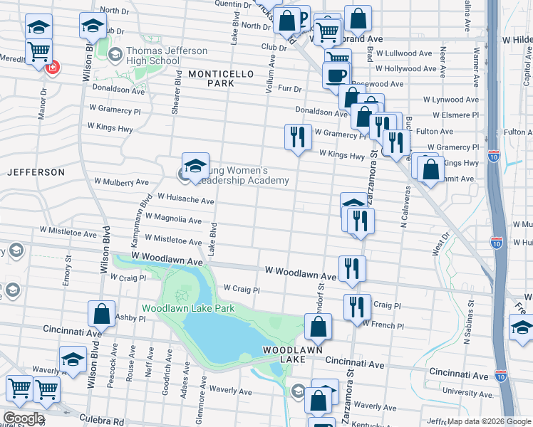 map of restaurants, bars, coffee shops, grocery stores, and more near 1923 West Magnolia Avenue in San Antonio