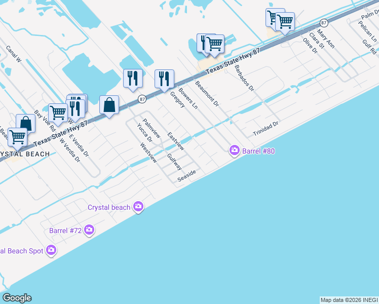 map of restaurants, bars, coffee shops, grocery stores, and more near 2025 Vista Drive in Bolivar Peninsula