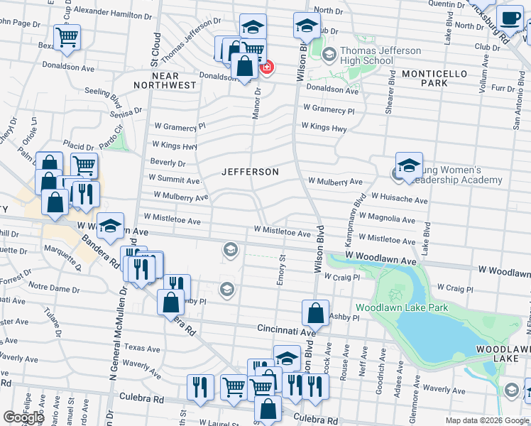 map of restaurants, bars, coffee shops, grocery stores, and more near 2455 West Magnolia Avenue in San Antonio