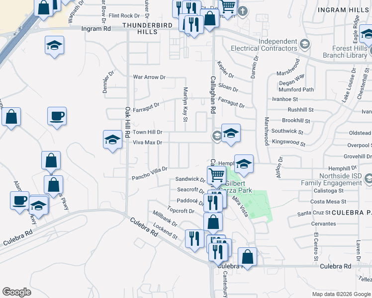 map of restaurants, bars, coffee shops, grocery stores, and more near 2126 Daniel Boone Drive in San Antonio