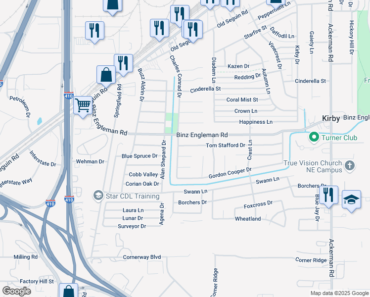 map of restaurants, bars, coffee shops, grocery stores, and more near 5011 Walt Schirra Street in Kirby