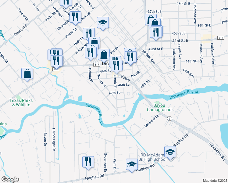 map of restaurants, bars, coffee shops, grocery stores, and more near 4624 Illinois Street in Dickinson