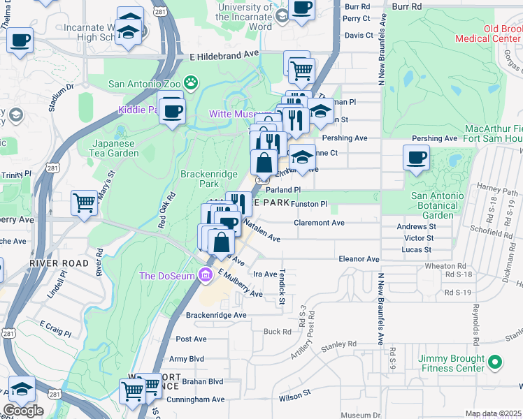 map of restaurants, bars, coffee shops, grocery stores, and more near 3304 Broadway in San Antonio