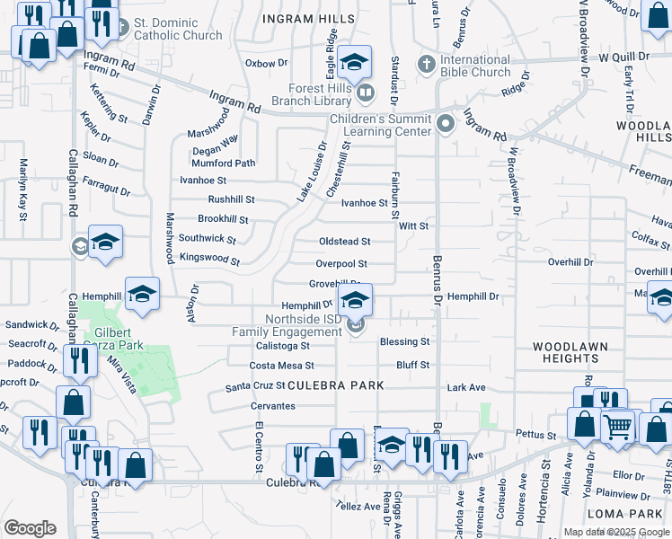 map of restaurants, bars, coffee shops, grocery stores, and more near 5211 Grovehill Street in San Antonio