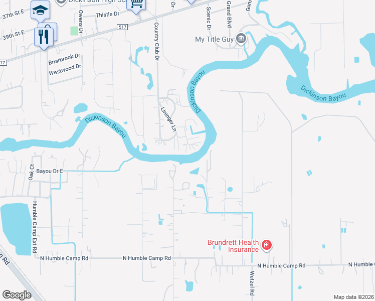 map of restaurants, bars, coffee shops, grocery stores, and more near 5003 Bayou Bend Drive in Dickinson