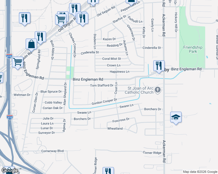 map of restaurants, bars, coffee shops, grocery stores, and more near 5107 Alan Bean Drive in San Antonio