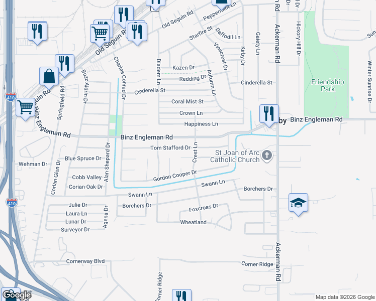 map of restaurants, bars, coffee shops, grocery stores, and more near 5107 Alan Bean Drive in San Antonio