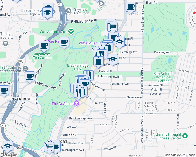 map of restaurants, bars, coffee shops, grocery stores, and more near 119 Claremont Avenue in San Antonio