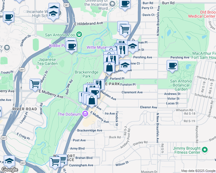 map of restaurants, bars, coffee shops, grocery stores, and more near 3304 Broadway in San Antonio