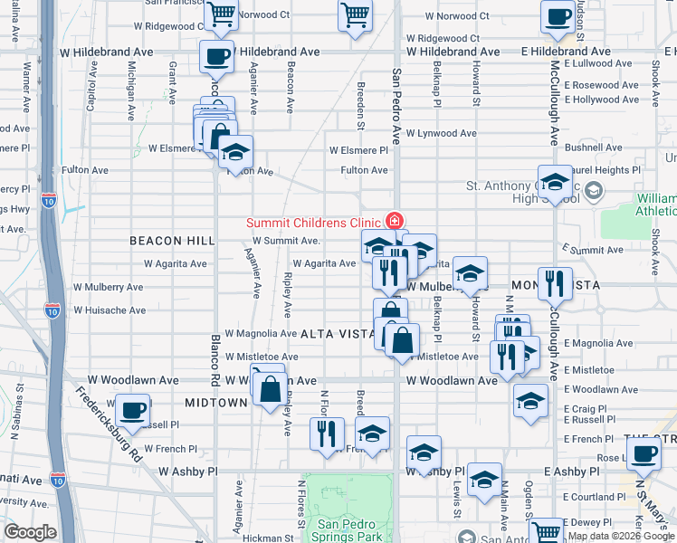 map of restaurants, bars, coffee shops, grocery stores, and more near 521 West Mulberry Avenue in San Antonio