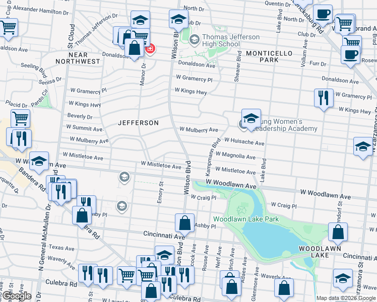 map of restaurants, bars, coffee shops, grocery stores, and more near 2402 West Magnolia Avenue in San Antonio