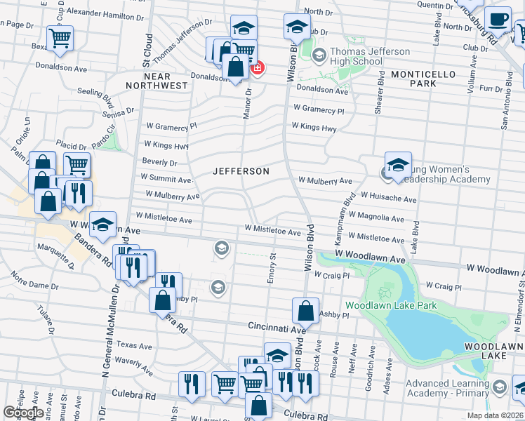 map of restaurants, bars, coffee shops, grocery stores, and more near 2455 West Magnolia Avenue in San Antonio