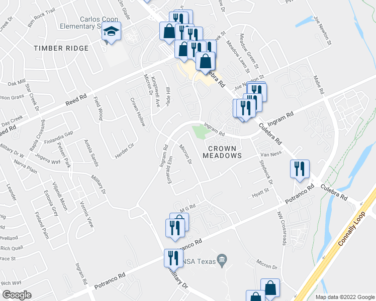 map of restaurants, bars, coffee shops, grocery stores, and more near 2223 Fox Meadow Drive in San Antonio