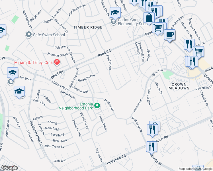 map of restaurants, bars, coffee shops, grocery stores, and more near 2111 Antsla Sands in San Antonio