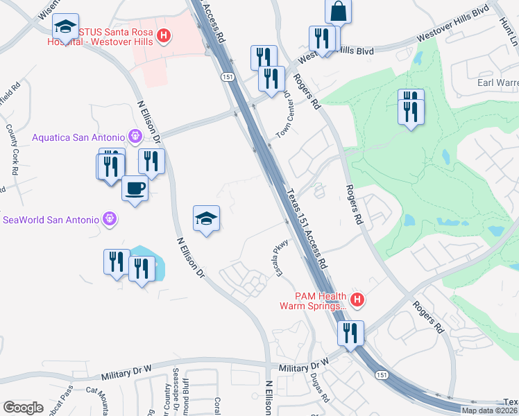 map of restaurants, bars, coffee shops, grocery stores, and more near 10800 Texas 151 in San Antonio