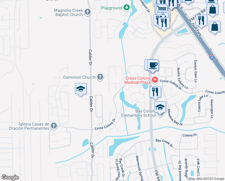 map of restaurants, bars, coffee shops, grocery stores, and more near 142 Avery Springs Lane in Dickinson