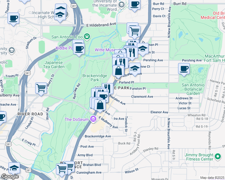 map of restaurants, bars, coffee shops, grocery stores, and more near 3304 Broadway in San Antonio