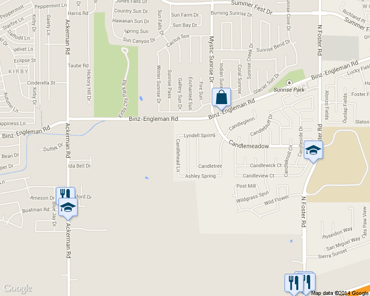 map of restaurants, bars, coffee shops, grocery stores, and more near 3626 Candlehead Lane in San Antonio