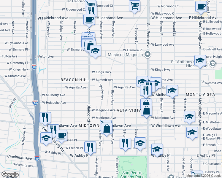 map of restaurants, bars, coffee shops, grocery stores, and more near 905 Ripley Avenue in San Antonio