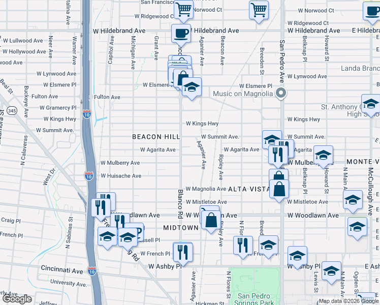 map of restaurants, bars, coffee shops, grocery stores, and more near 806 West Agarita Avenue in San Antonio