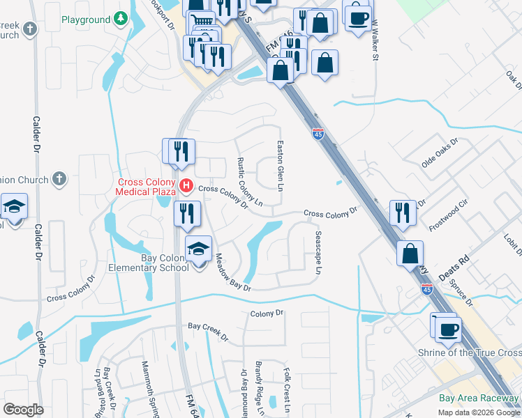 map of restaurants, bars, coffee shops, grocery stores, and more near 227 Rolling Springs Lane in Dickinson