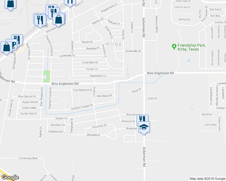 map of restaurants, bars, coffee shops, grocery stores, and more near 5246 Tom Stafford Drive in San Antonio