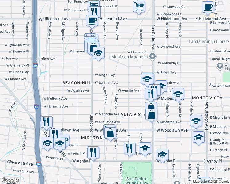 map of restaurants, bars, coffee shops, grocery stores, and more near 905 Ripley Avenue in San Antonio