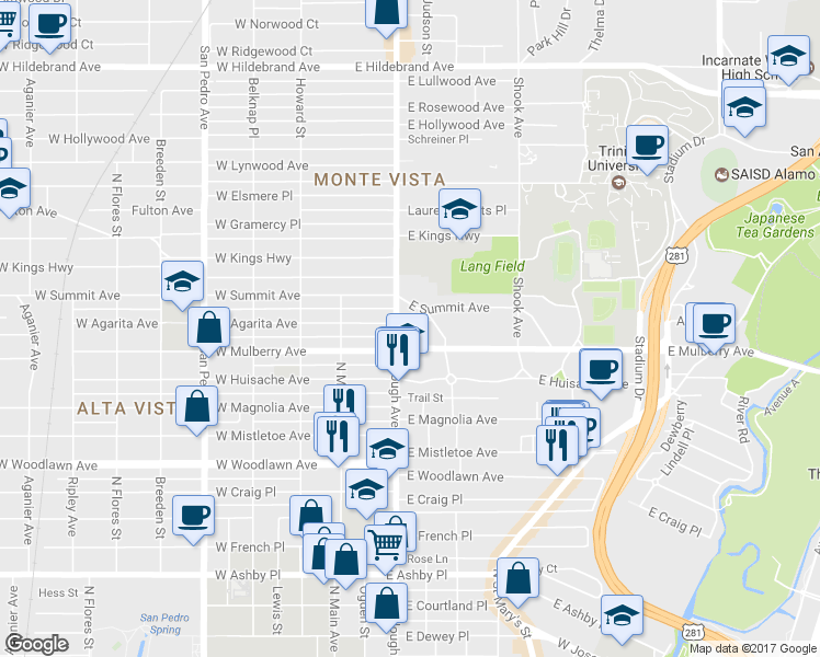 map of restaurants, bars, coffee shops, grocery stores, and more near 201 East Mulberry Avenue in San Antonio