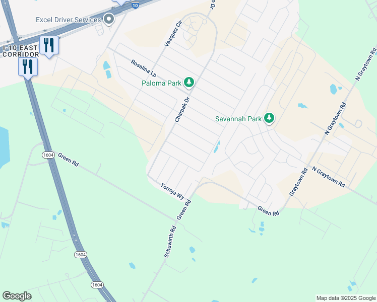 map of restaurants, bars, coffee shops, grocery stores, and more near 10641 Green Road in Converse