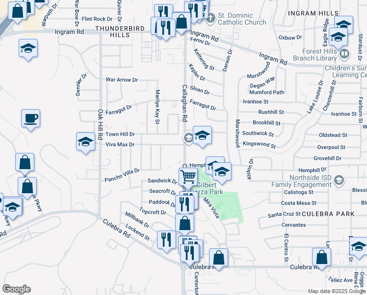 map of restaurants, bars, coffee shops, grocery stores, and more near 3631 Callaghan Road in San Antonio