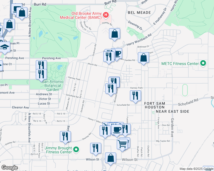 map of restaurants, bars, coffee shops, grocery stores, and more near 3101 Harney Road in San Antonio