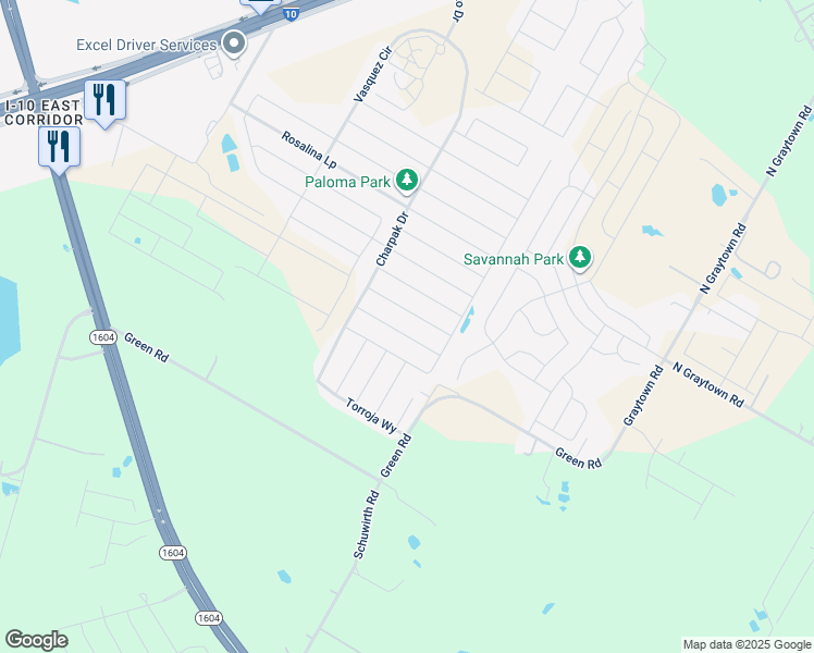 map of restaurants, bars, coffee shops, grocery stores, and more near 10641 Green Road in Converse