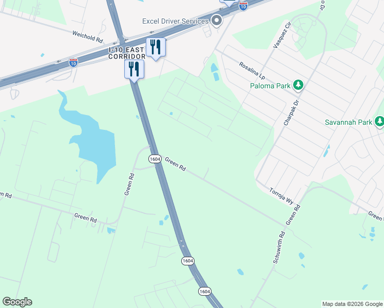 map of restaurants, bars, coffee shops, grocery stores, and more near 10225 Green Road in Converse