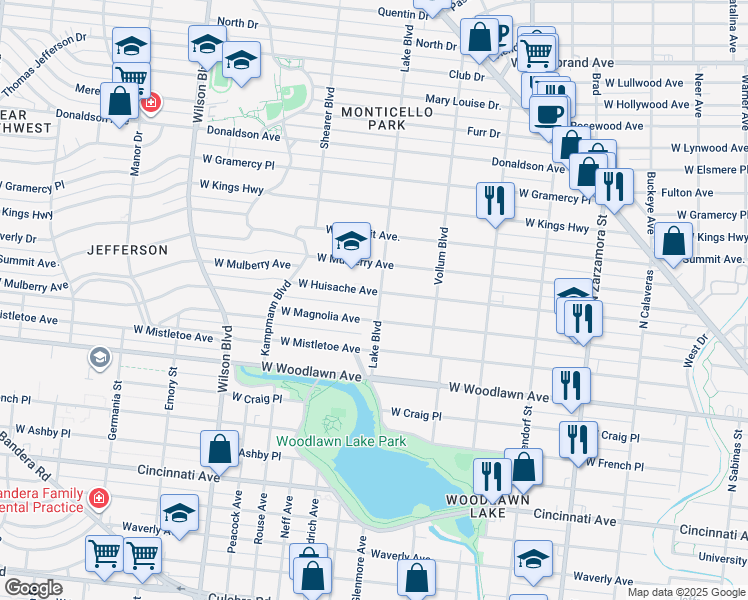 map of restaurants, bars, coffee shops, grocery stores, and more near 2119 West Magnolia Avenue in San Antonio