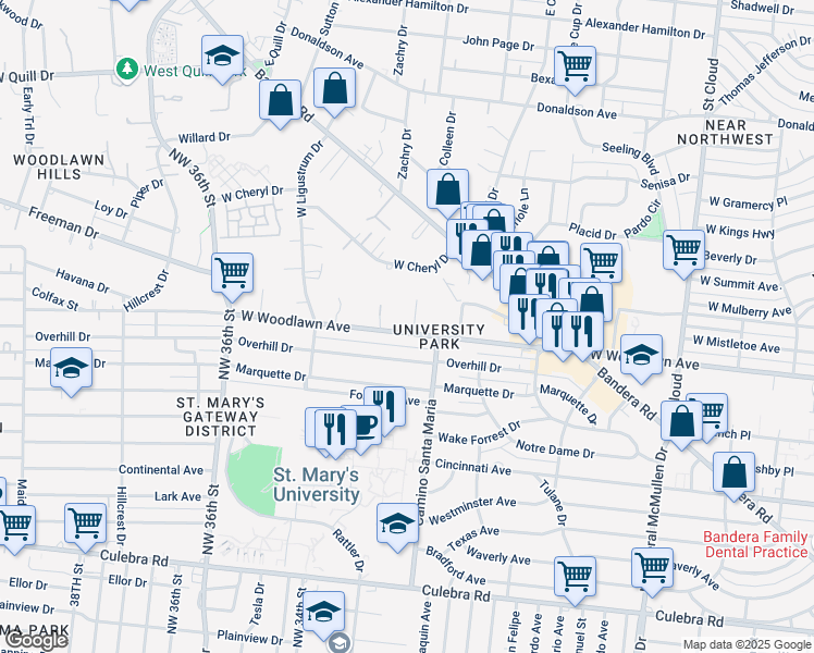 map of restaurants, bars, coffee shops, grocery stores, and more near 3310 West Woodlawn Avenue in San Antonio