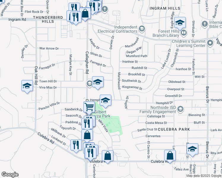 map of restaurants, bars, coffee shops, grocery stores, and more near 2015 Darwin Drive in San Antonio