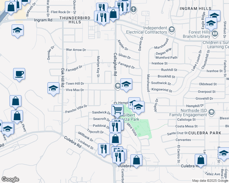 map of restaurants, bars, coffee shops, grocery stores, and more near 3631 Callaghan Road in San Antonio