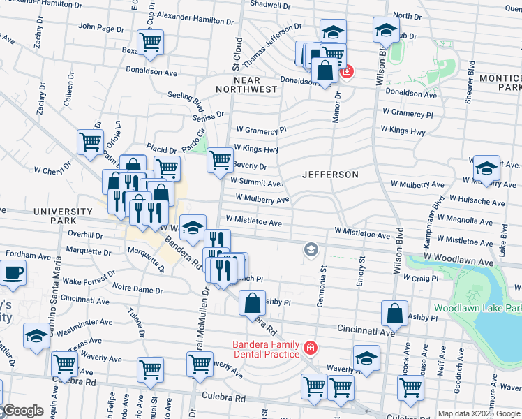 map of restaurants, bars, coffee shops, grocery stores, and more near 2638 West Huisache Avenue in San Antonio