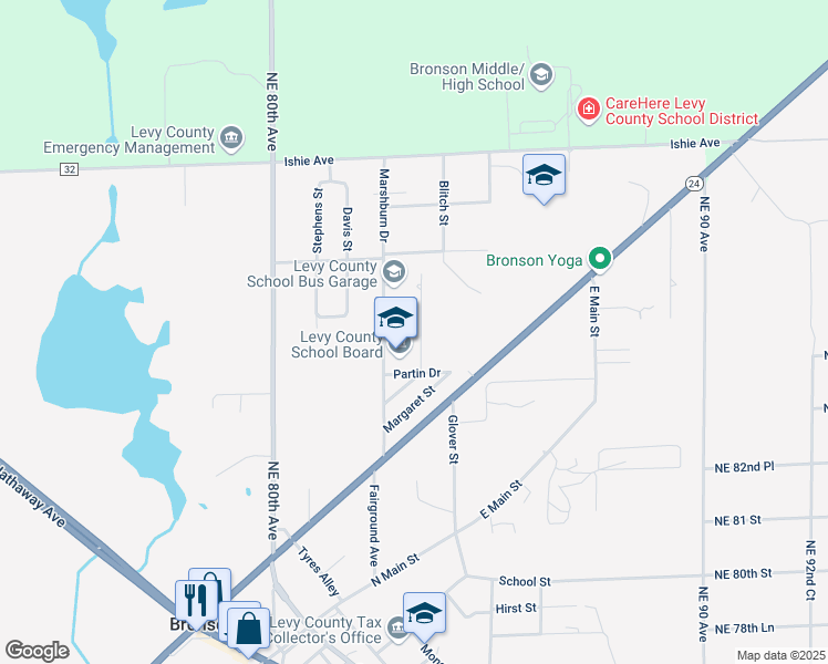map of restaurants, bars, coffee shops, grocery stores, and more near 410 Paradise Lane in Bronson