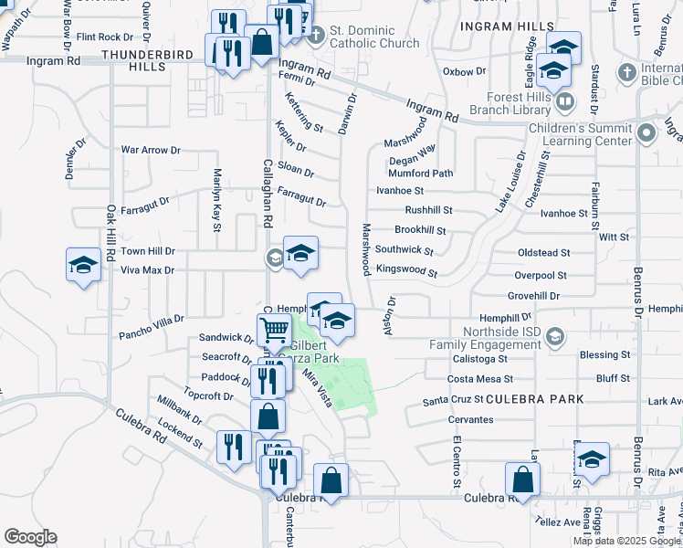 map of restaurants, bars, coffee shops, grocery stores, and more near 2015 Darwin Drive in San Antonio