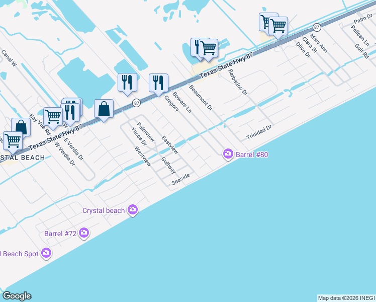 map of restaurants, bars, coffee shops, grocery stores, and more near 2109 Mills in Bolivar Peninsula