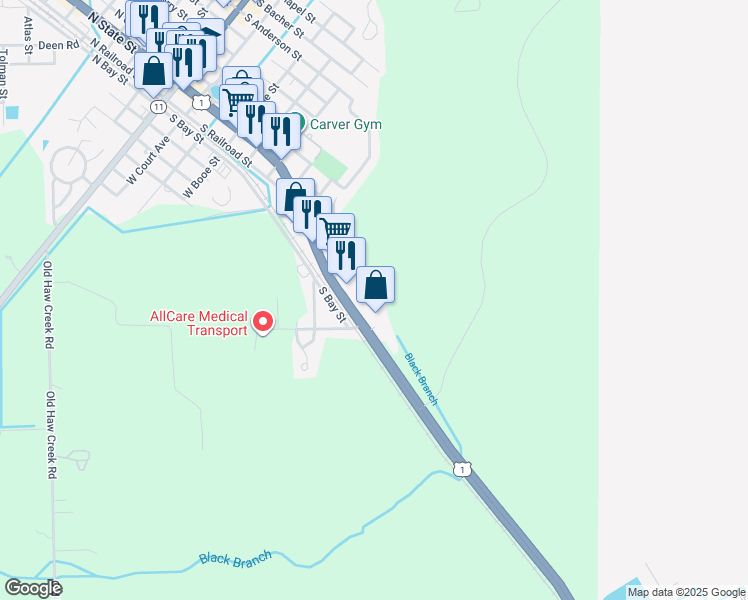 map of restaurants, bars, coffee shops, grocery stores, and more near 401 Hibiscus Avenue in Bunnell