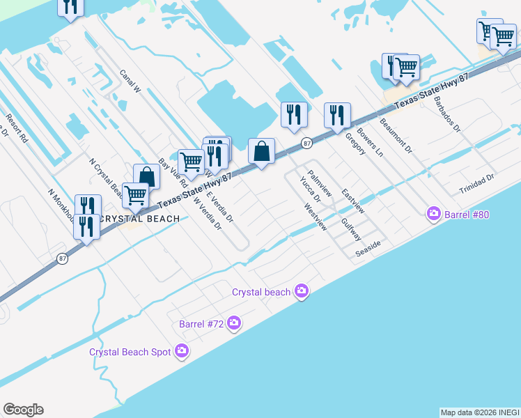 map of restaurants, bars, coffee shops, grocery stores, and more near 1980 Avenue D in Bolivar Peninsula