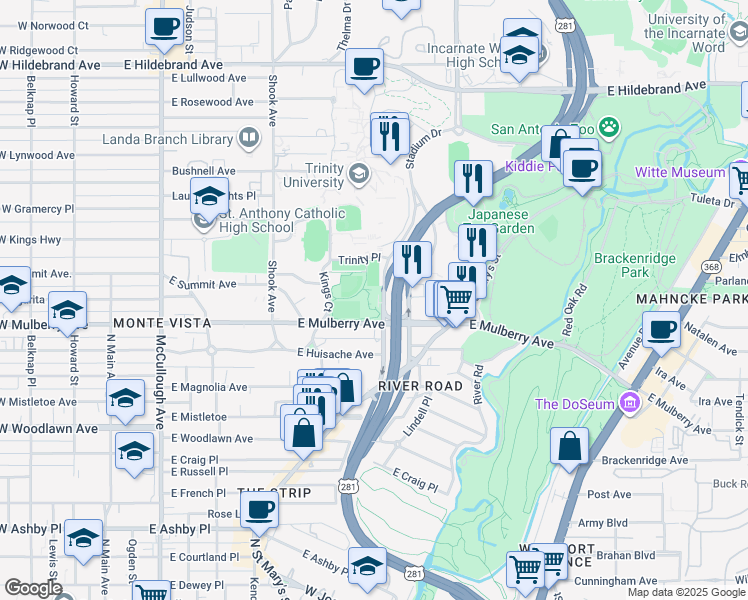 map of restaurants, bars, coffee shops, grocery stores, and more near in San Antonio
