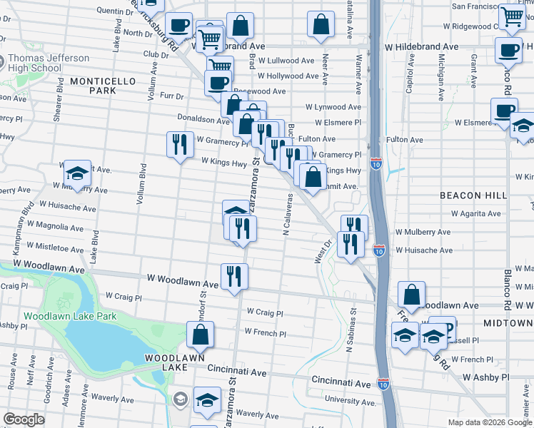 map of restaurants, bars, coffee shops, grocery stores, and more near 1640 West Huisache Avenue in San Antonio