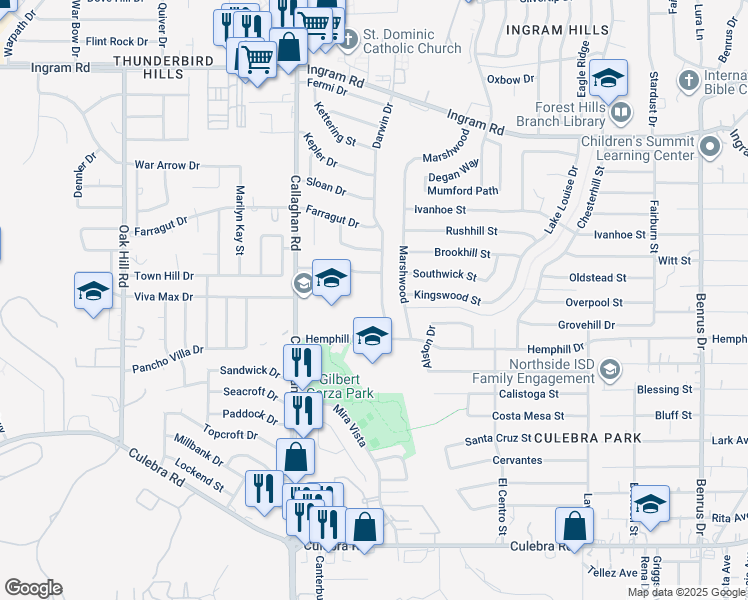 map of restaurants, bars, coffee shops, grocery stores, and more near 2015 Darwin Drive in San Antonio